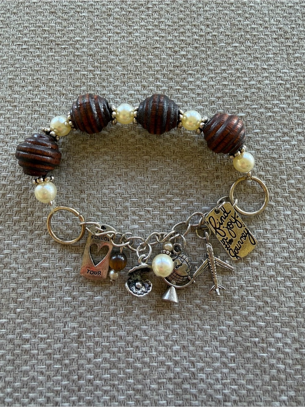 Multi Charm Beaded Bracelet Wooden Beads Faux Pearls Travel Themed Charms